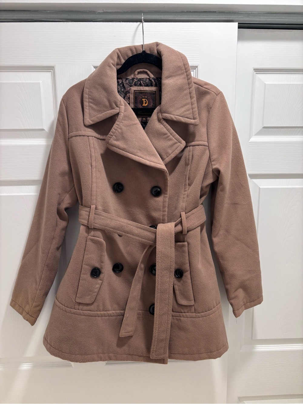 Dollhouse Double-Breasted Belted Pea Coat in Taupe